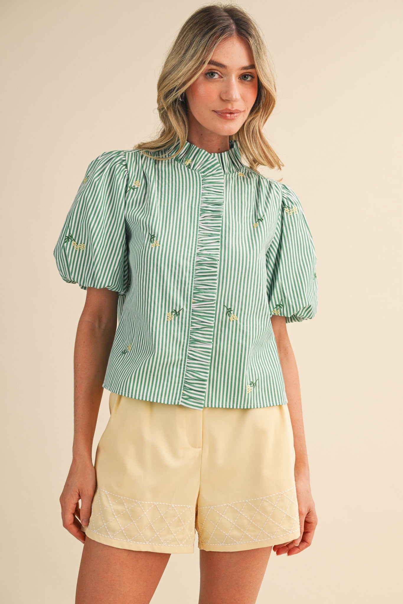 Alora Floral Embroidered Striped Ruffle Detail Top