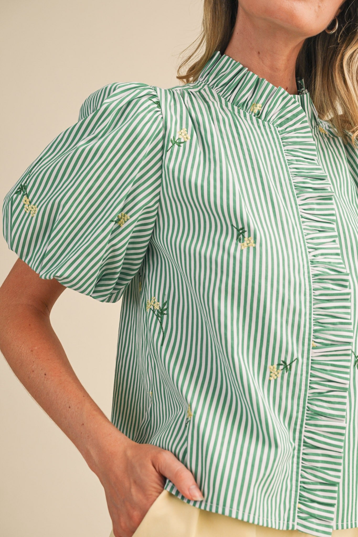 Alora Floral Embroidered Striped Ruffle Detail Top