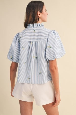 Alora Floral Embroidered Striped Ruffle Detail Top