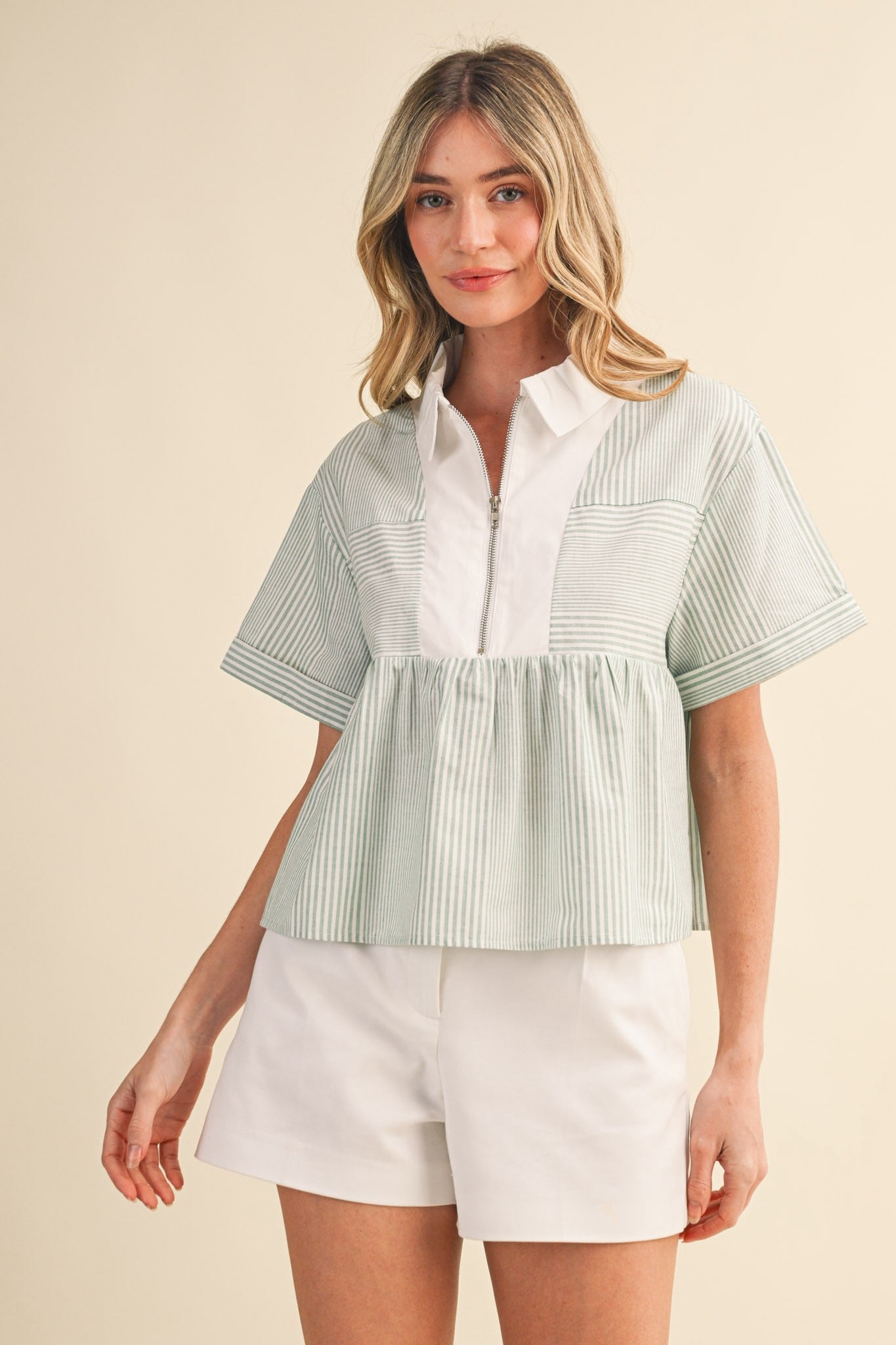 Juliet Striped Half Zip Babydoll Top