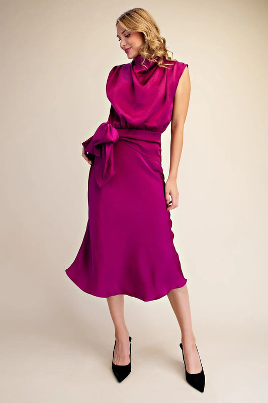 Mock Neck Waist Tie Midi Dress