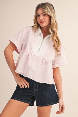 Juliet Striped Half Zip Babydoll Top