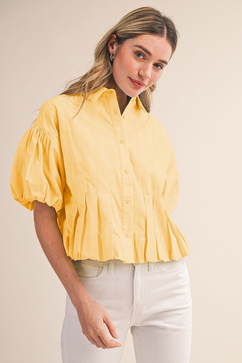 Lola Pleated Puff Sleeve Bubble Hem Top
