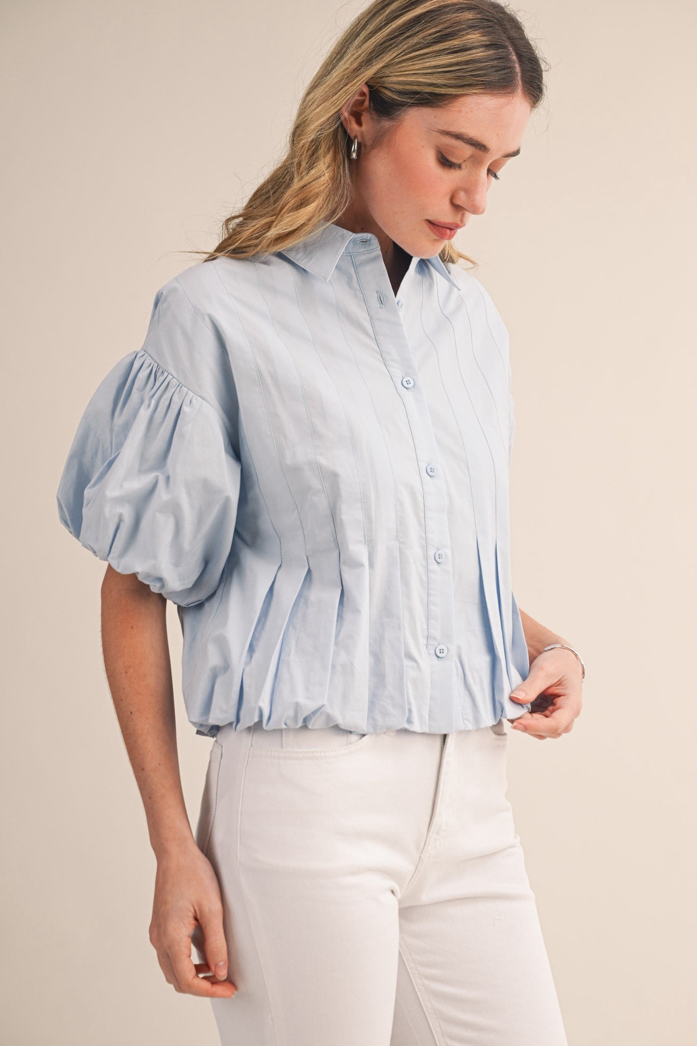 Lola Pleated Puff Sleeve Bubble Hem Top