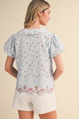 Hayden Embroidered Floral Bubble Sleeve Blouse