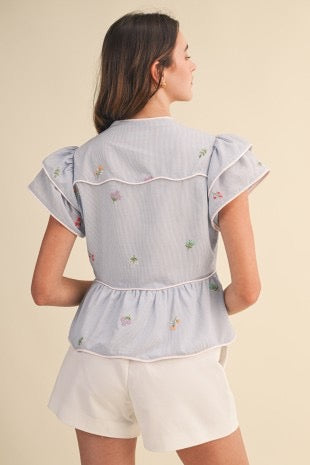 Bianca Embroidered Peplum Top With Contrast Piping
