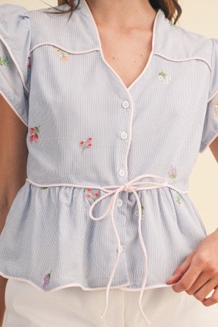 Bianca Embroidered Peplum Top With Contrast Piping