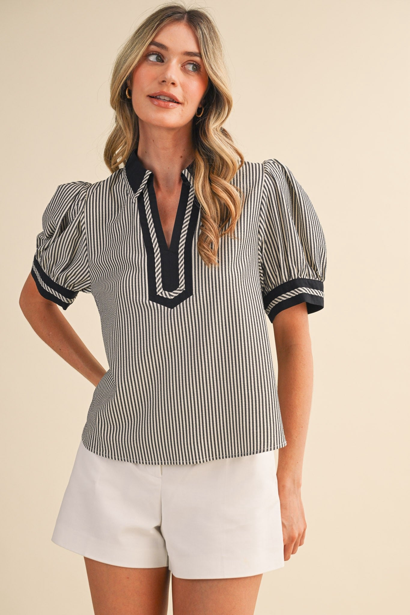 Ari Striped Contrast Binding Collared Top