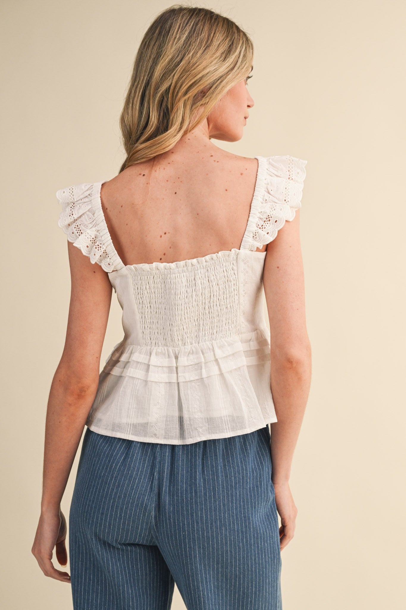 Mia Eyelet Flutter Sleeve Peplum Top