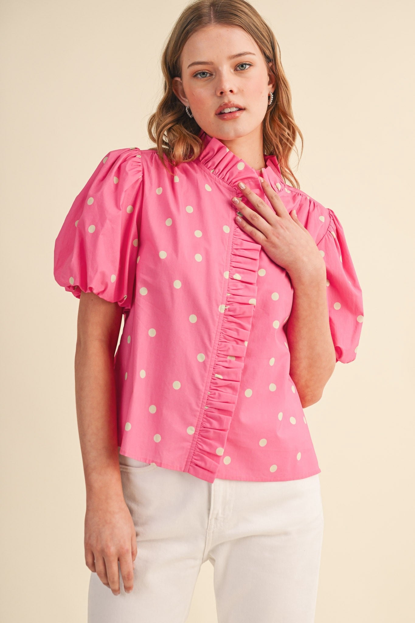 Carmen Polka Dot Ruffled Trim Top