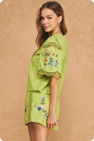 Lia Embroidered Scallop Hem Top & Short Set