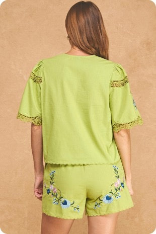 Lia Embroidered Scallop Hem Top & Short Set
