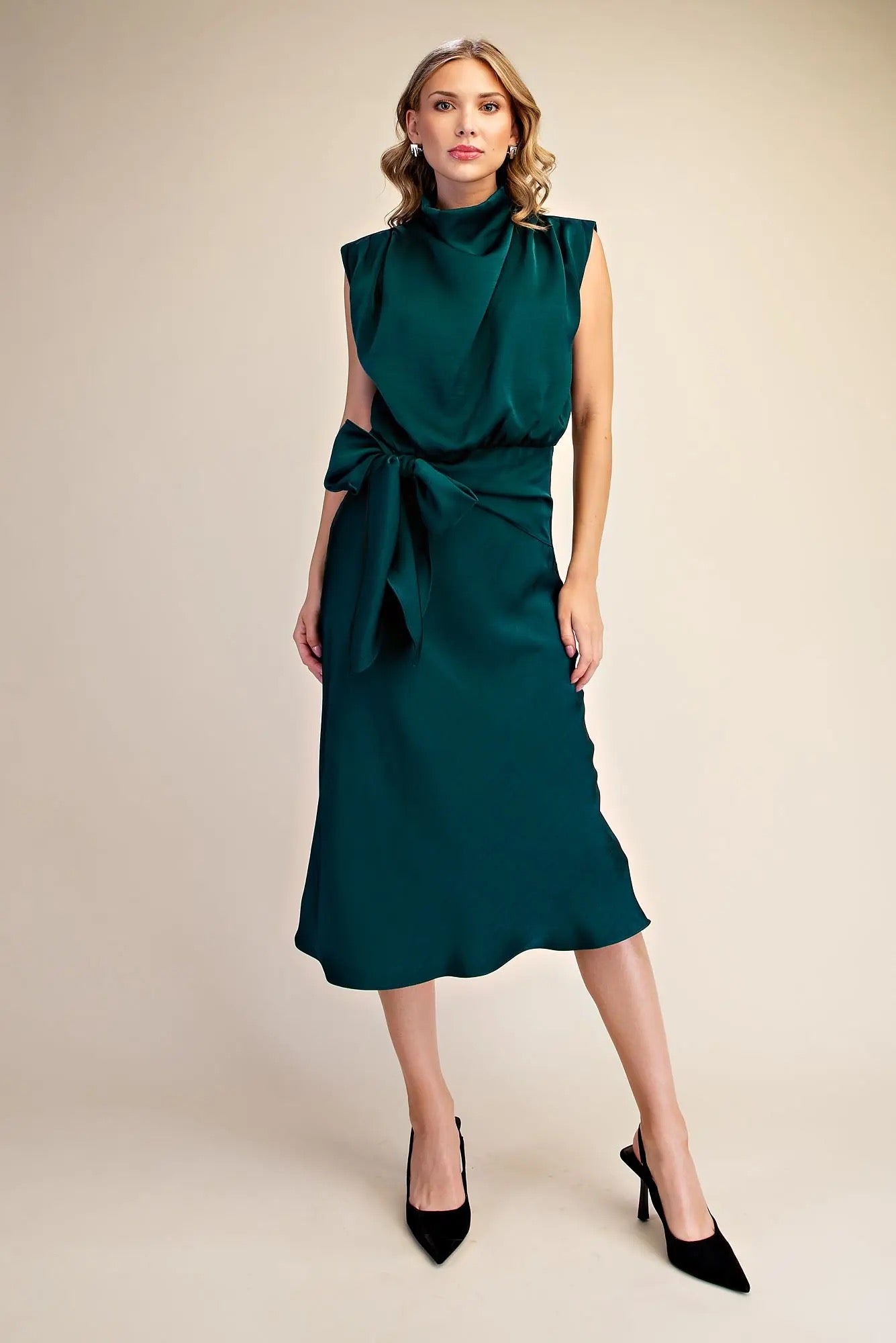 Mock Neck Waist Tie Midi Dress