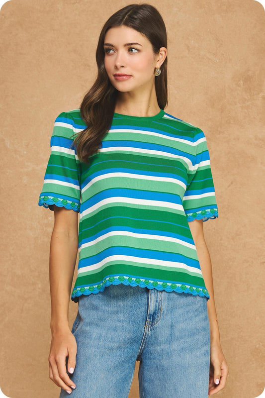 Lilith Striped Scallop Lace Trim Top