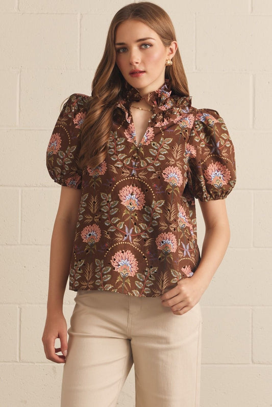 Haisley Eyelet Floral Puff Sleeve Top