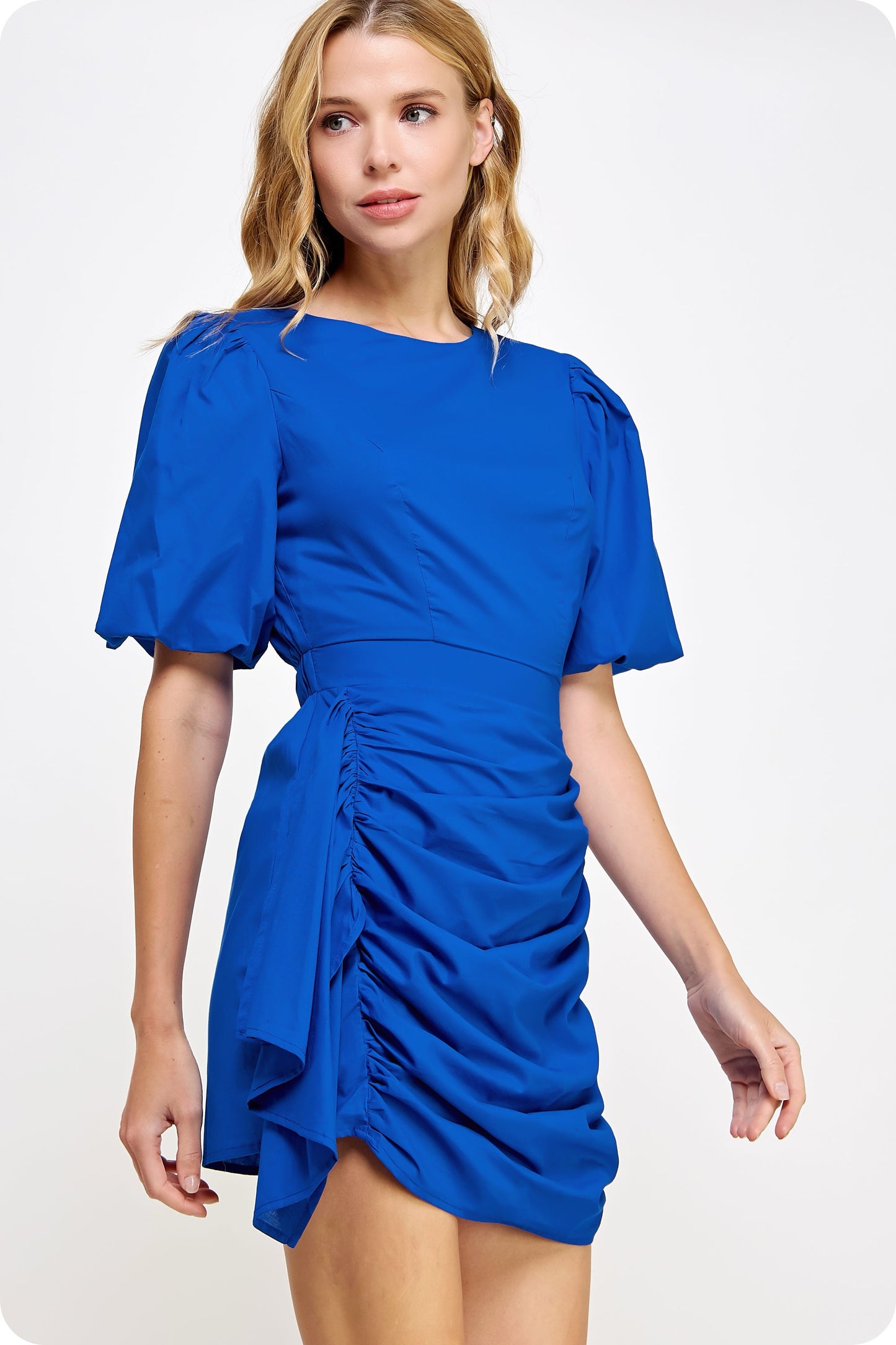 Ruched Short Puff Sleeve Voile Mini Dress