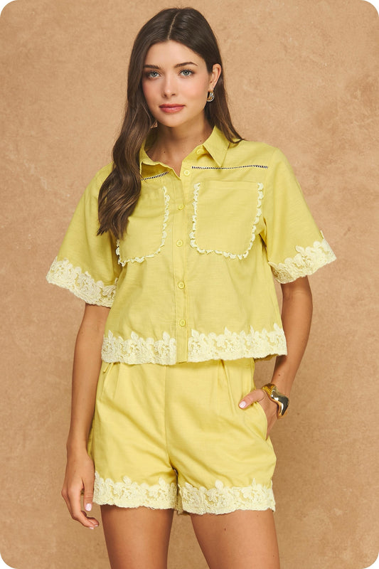 Finley Floral Lace Trim Linen Top & Short Set