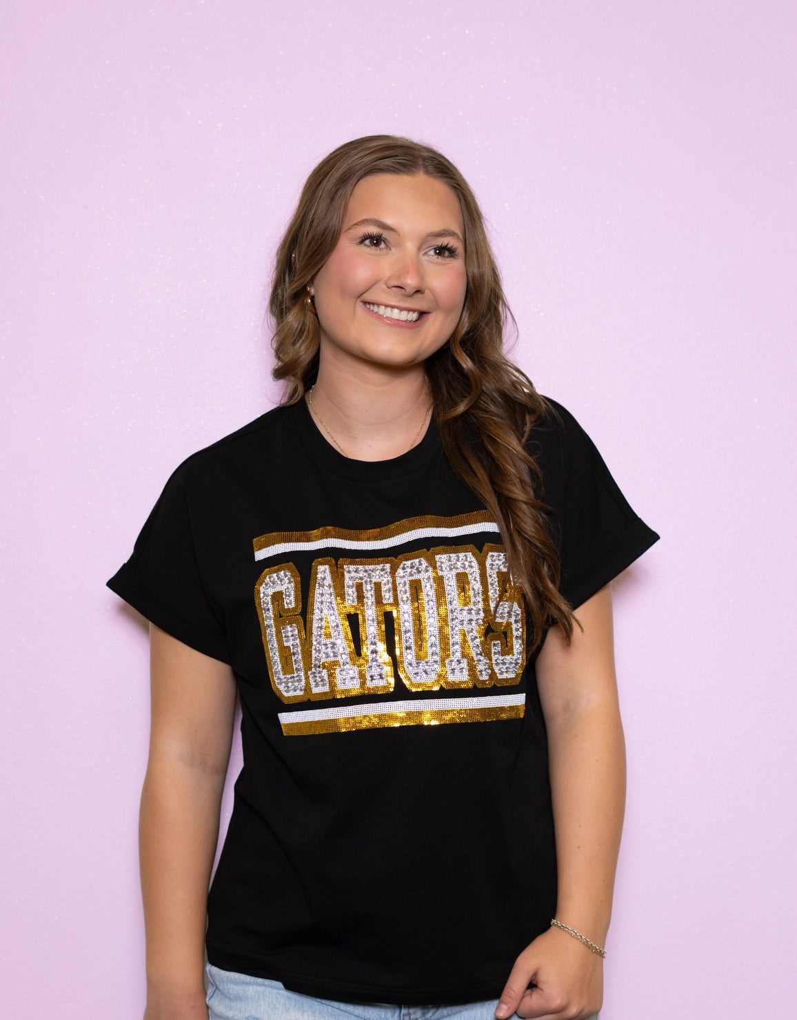 St. Amant Tee, Gameday Tee, Gators Tee, Jeweled Tee, Black game day tee, black and gold tee, bedazzled tee, black top, gonzales, st. amant, fancy gameday tee