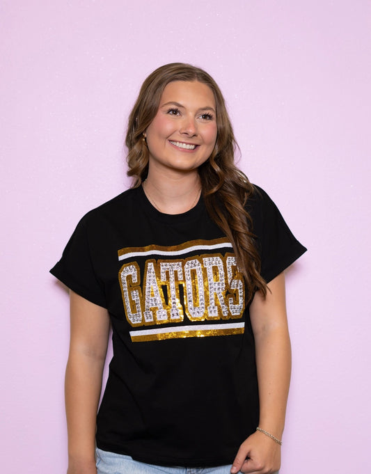 St. Amant Tee, Gameday Tee, Gators Tee, Jeweled Tee, Black game day tee, black and gold tee, bedazzled tee, black top, gonzales, st. amant, fancy gameday tee