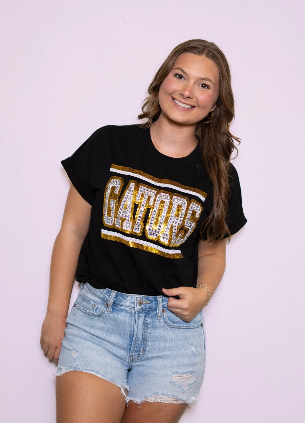 St. Amant Tee, Gameday Tee, Gators Tee, Jeweled Tee, Black game day tee, black and gold tee, bedazzled tee, black top, gonzales, st. amant, fancy gameday tee