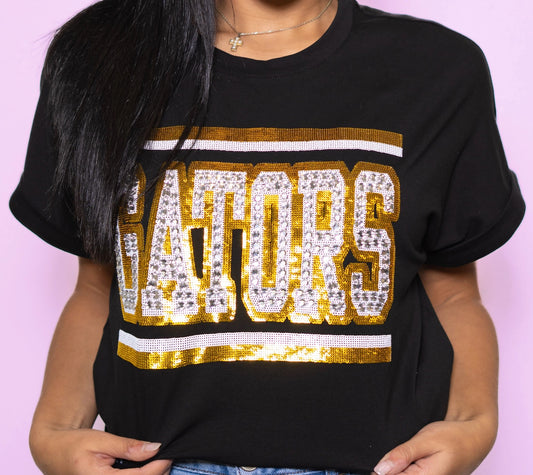 St. Amant Tee, Gameday Tee, Gators Tee, Jeweled Tee, Black game day tee, black and gold tee, bedazzled tee, black top, gonzales, st. amant, fancy gameday tee