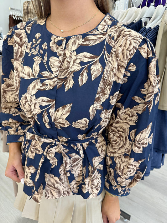 Dressy blouse, women's blouse, classy blouse, printed blouse, navy top, long sleeve top, work top, dressy top 