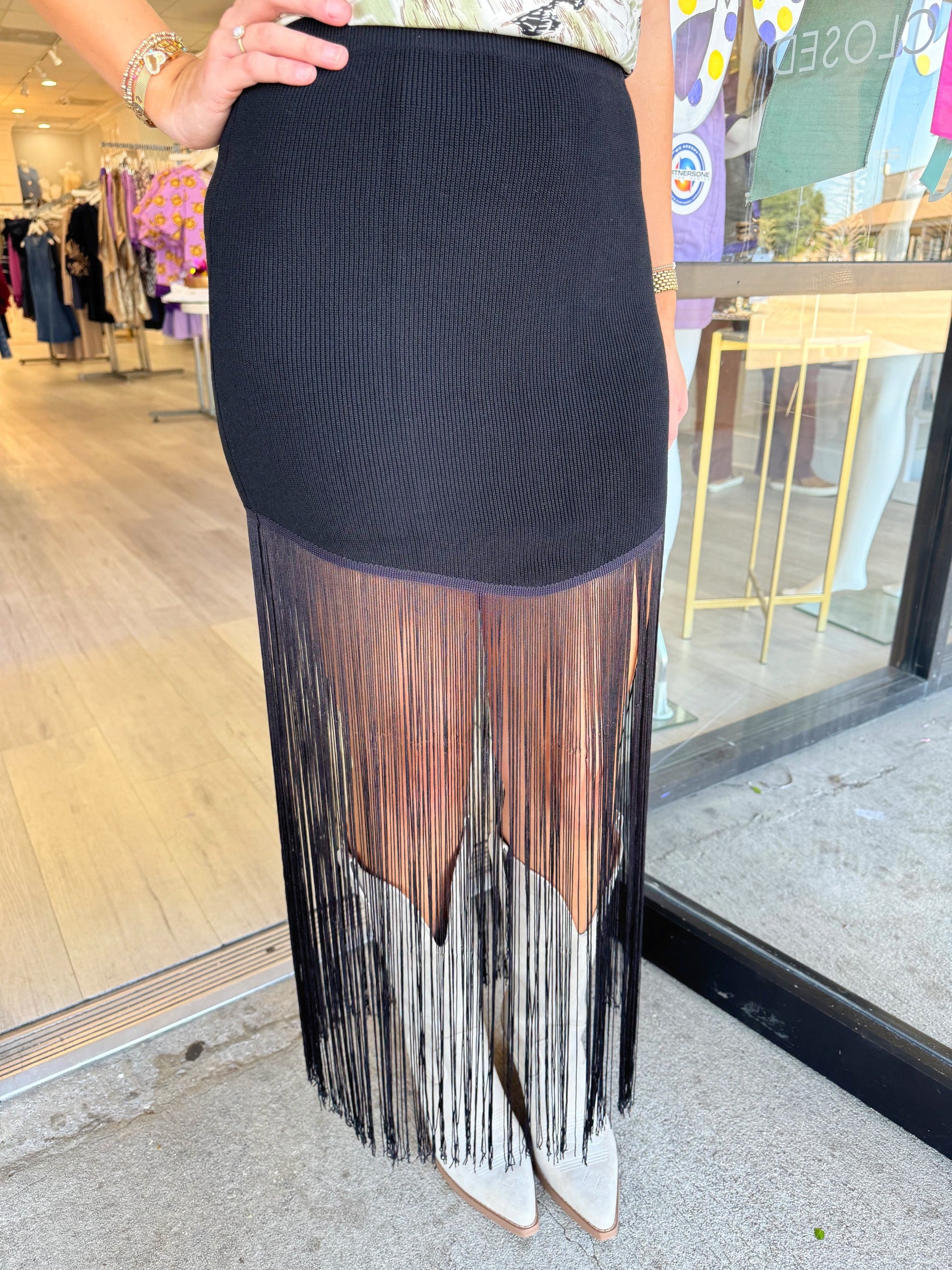 fringe skirt, knit skirt, long skirt, concert outfit, statement skirt, skirt