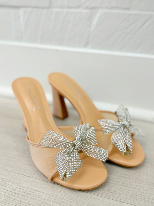 Homecoming heel, Prom heel, Pageant heel, Trendy heel, slip on heel, chunky heel, backless heel, rhinestone heel, bow rhinestone heel, slip on bow heel, women's rhinestone bow mesh heel