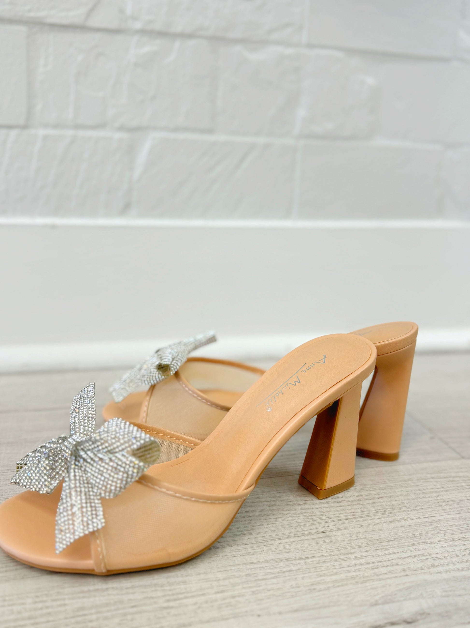 Homecoming heel, Prom heel, Pageant heel, Trendy heel, slip on heel, chunky heel, backless heel, rhinestone heel, bow rhinestone heel, slip on bow heel, women's rhinestone bow mesh heel