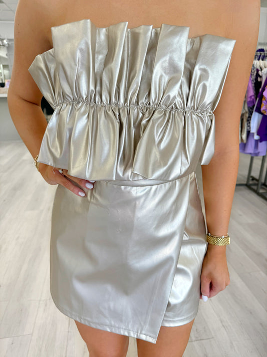 Date night romper, strapless romper, romper, dressy romper, flattering romper, faux leather romper, party romper, girls night out romper, dinner date romper