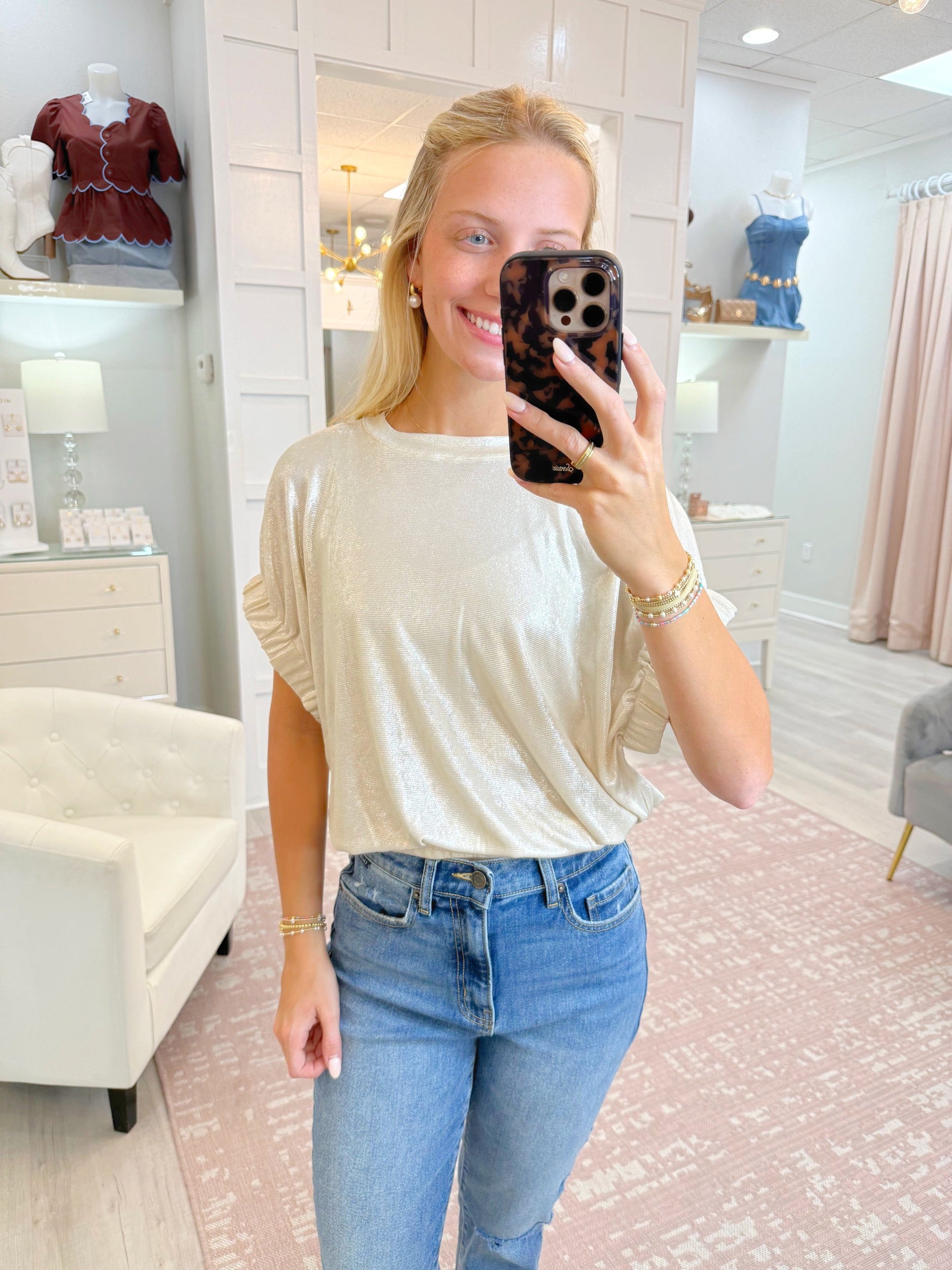 round neck top, gold top, sparkle top