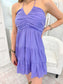purple dress, woman's purple dress, halter top dress, tiered purple dress, woman's gameday dress, sleeveless dress, sleeveless gameday dress, woman's sleeveless dress