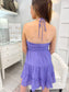 purple dress, woman's purple dress, halter top dress, tiered purple dress, woman's gameday dress, sleeveless dress, sleeveless gameday dress, woman's sleeveless dress