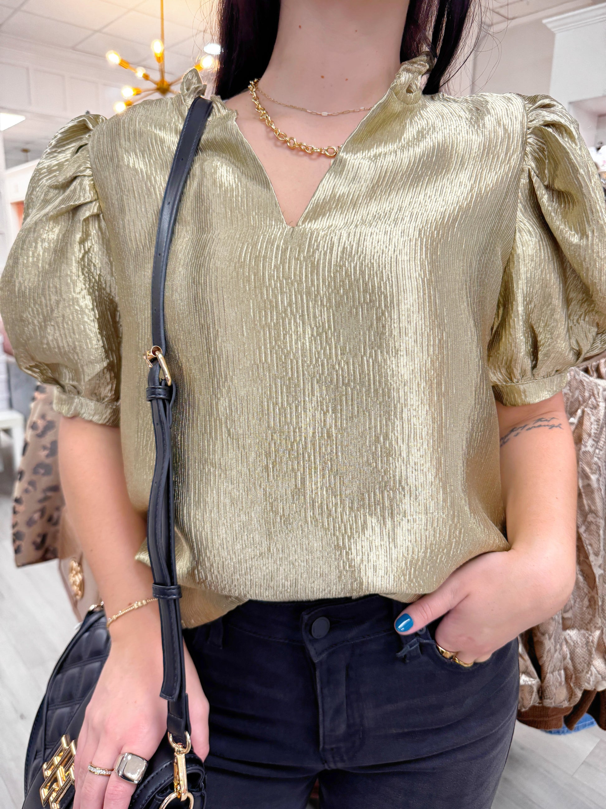 Metallic blouse, metallic top, holiday top, date night top, women's top, girls night top, glam top, v neck top, puff sleeve top, womens top, trending top, fancy top, classy top, gold top