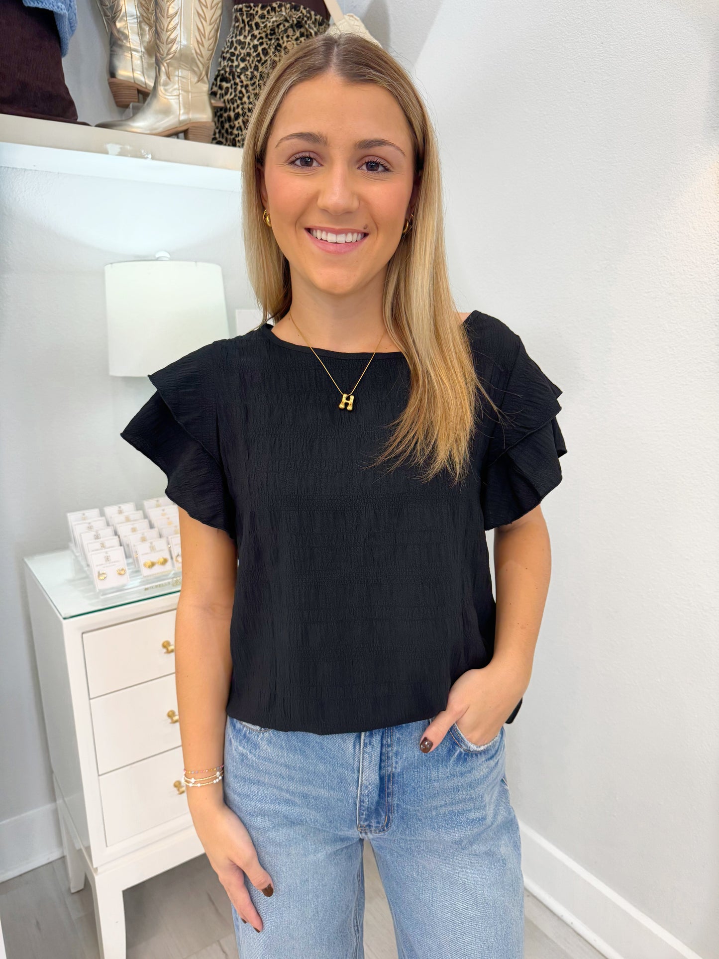ruffle sleeve top, basic top, work top, black top, black dressy top, black textured top, boutique top, women's boutique top