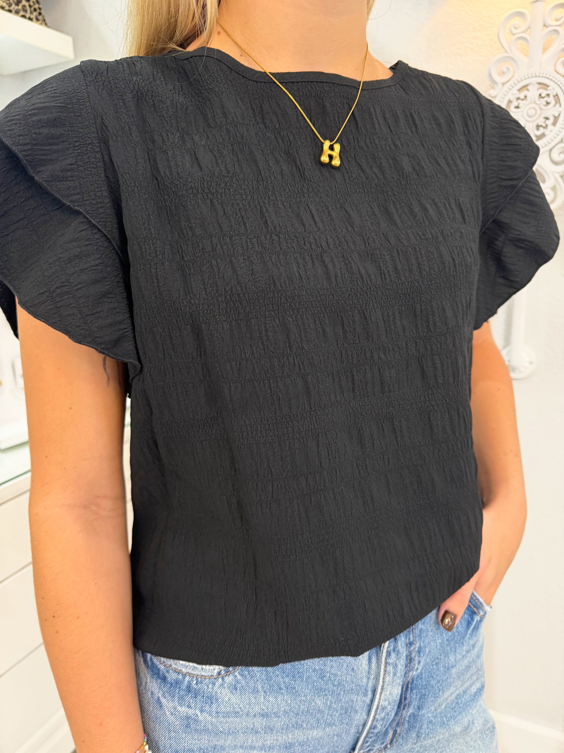 ruffle sleeve top, basic top, work top, black top, black dressy top, black textured top, boutique top, women's boutique top