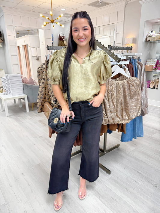 Metallic blouse, metallic top, holiday top, date night top, women's top, girls night top, glam top, v neck top, puff sleeve top, womens top, trending top, fancy top, classy top, gold top
