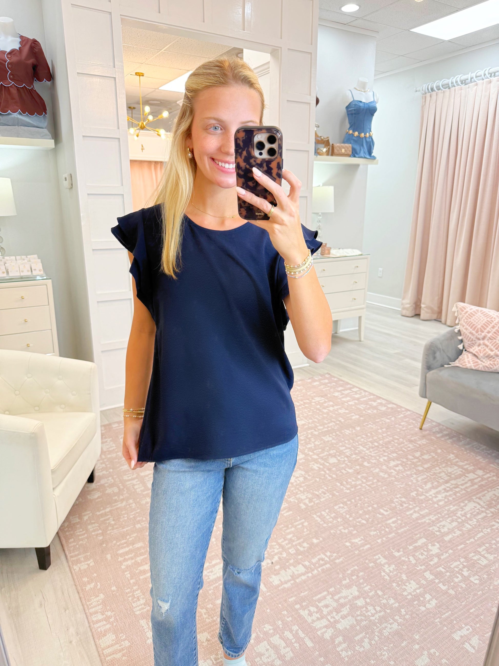 ruffle sleeve, blouse, navy to, ruffle sleeve top
