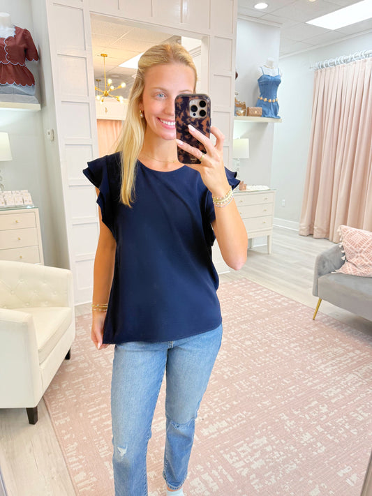ruffle sleeve, blouse, navy to, ruffle sleeve top