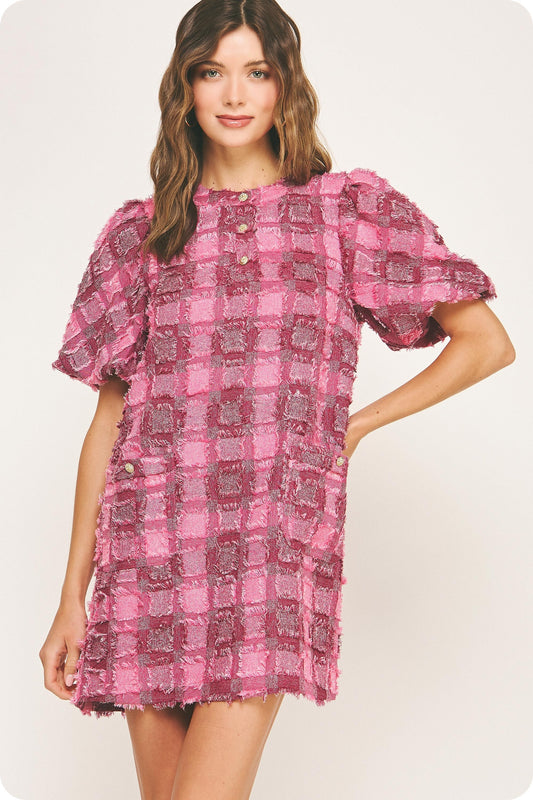 Short Sleeve Plaid Fringe Dress