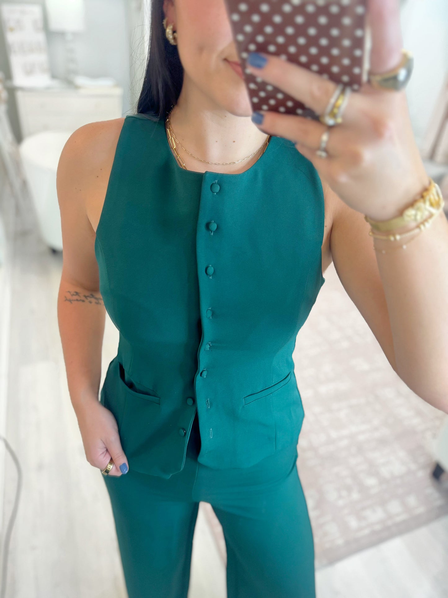 Flattering vest, sleeveless vest, button down vest , work top, classy top, elegant top, professional top, chic vest, and office top