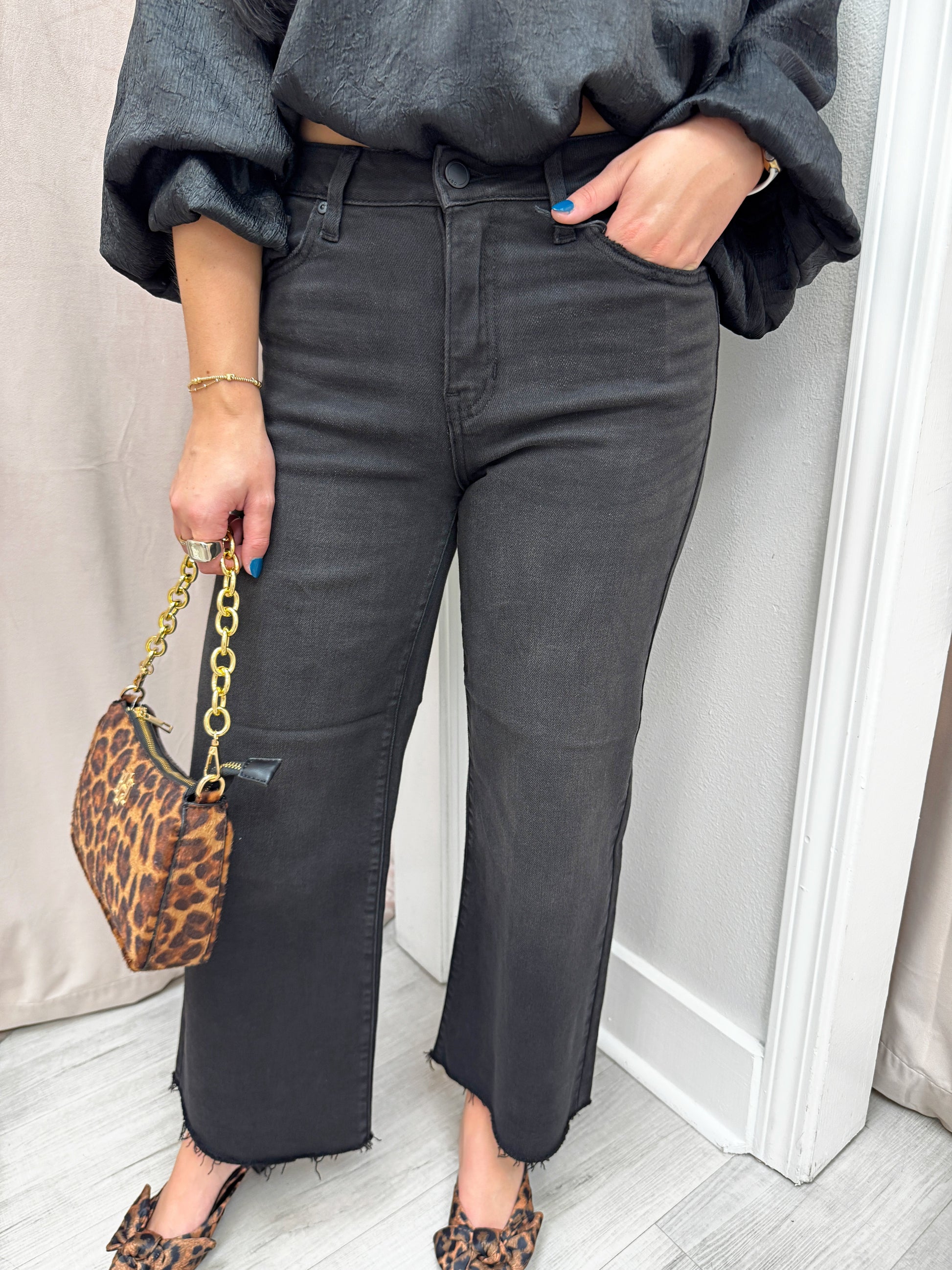 Women's denim, black denim, wide leg denim, high waisted denim, JBD denim, JBD black denim, comfortable denim, raw hem denim, black pants, black work pants, black work denim