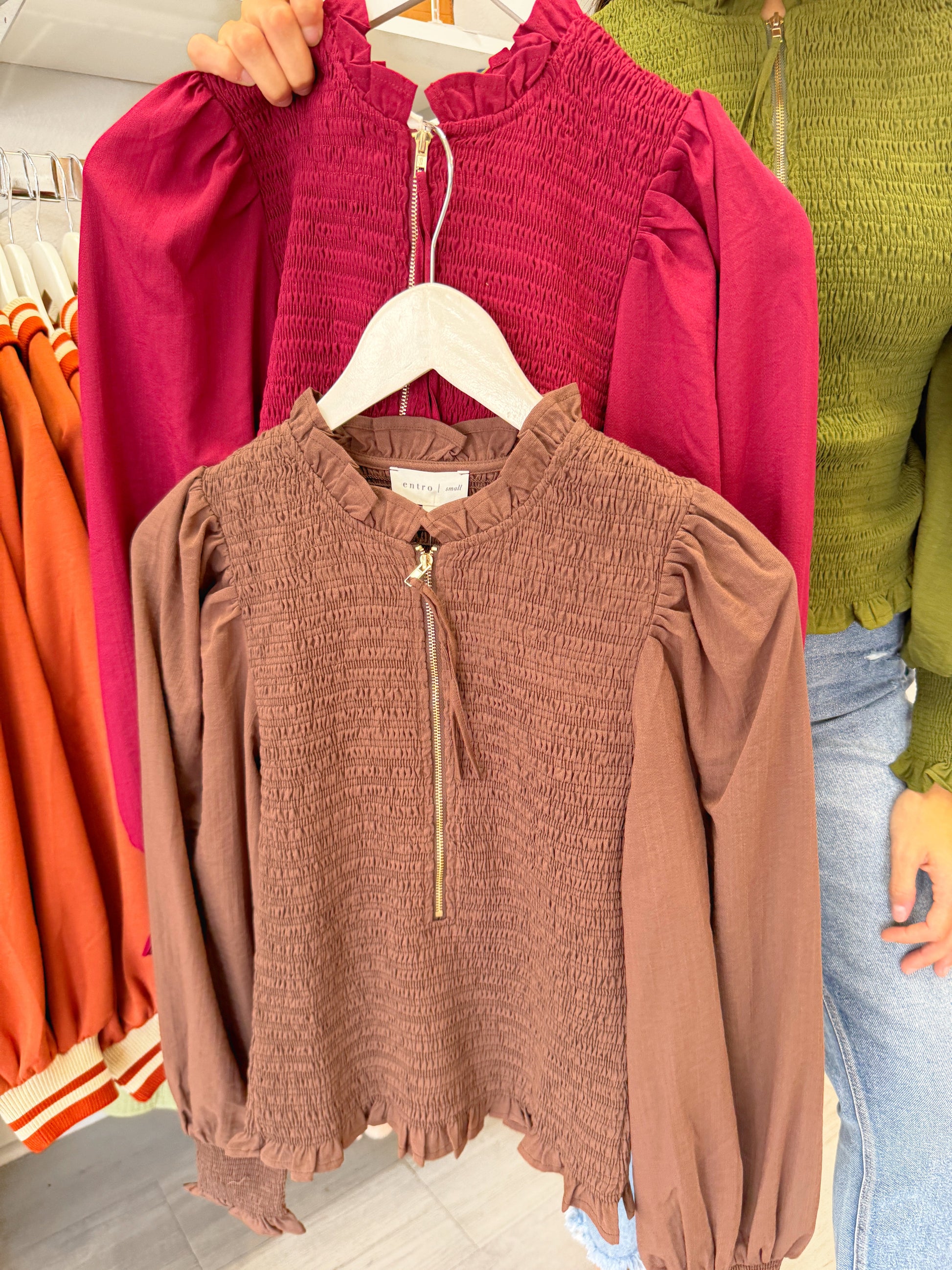 Woman's top, long sleeve top, smocked top, puff sleeve top, fall top, fall essential, long sleeve fall top, womens fall top, womens long sleeve top, half zip smocked top, smocked long sleeve top, 