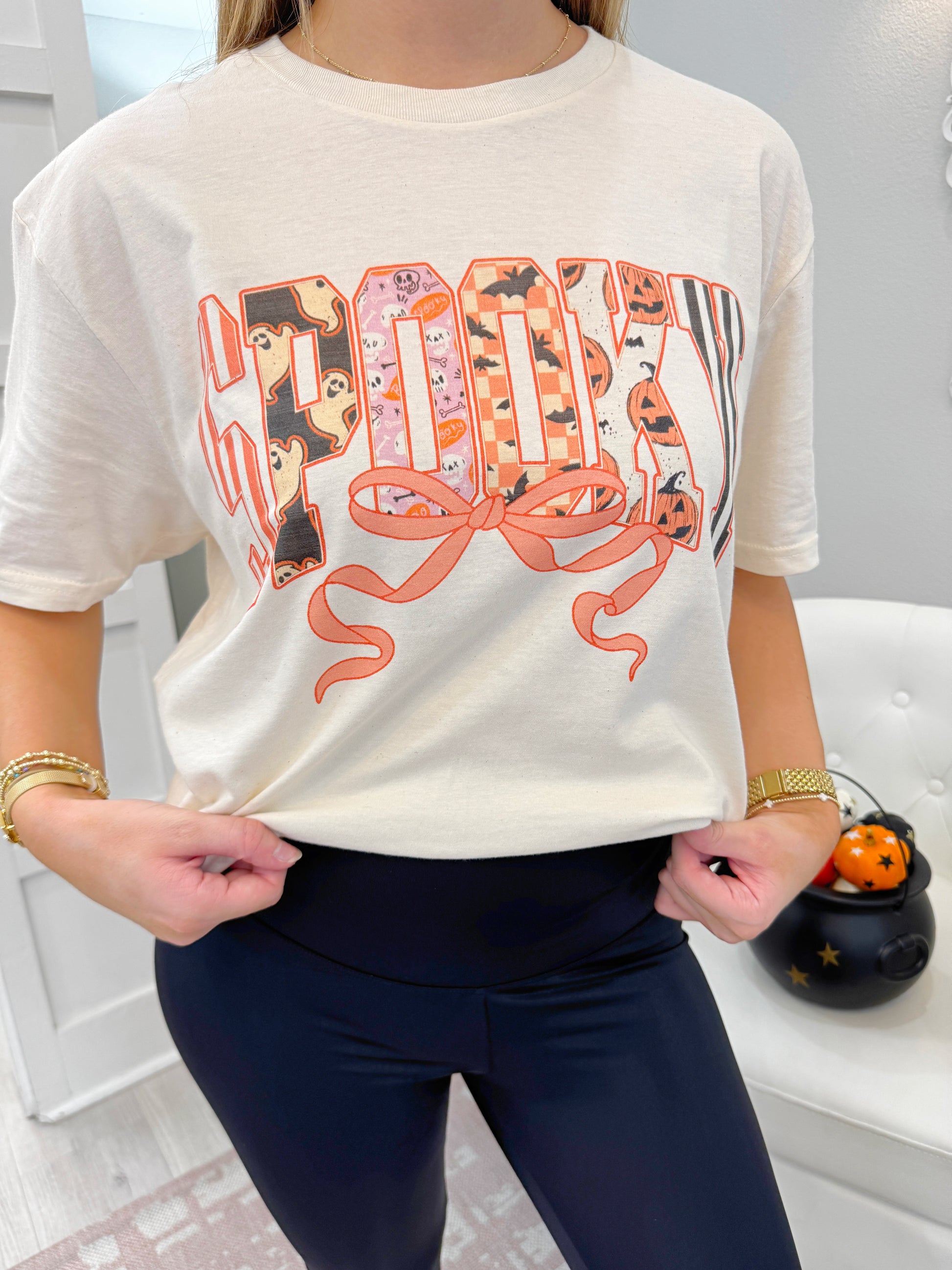 spooky tee, halloween tee, spooky t-shirt, spooky tee with bow, cream t-shirt, cream halloween tee