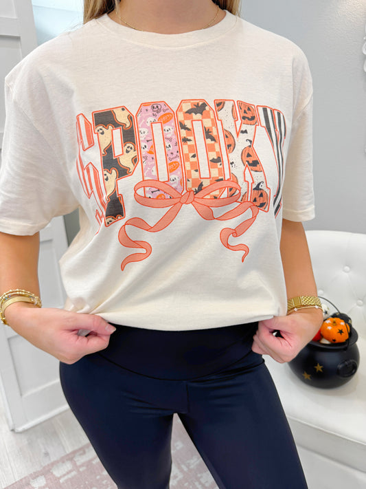 spooky tee, halloween tee, spooky t-shirt, spooky tee with bow, cream t-shirt, cream halloween tee