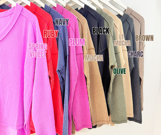 Ribbed V-Neck Long Sleeve Tops