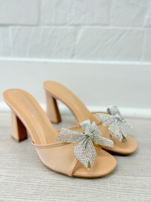 Homecoming heel, Prom heel, Pageant heel, Trendy heel, slip on heel, chunky heel, backless heel, rhinestone heel, bow rhinestone heel, slip on bow heel, women's rhinestone bow mesh heel
