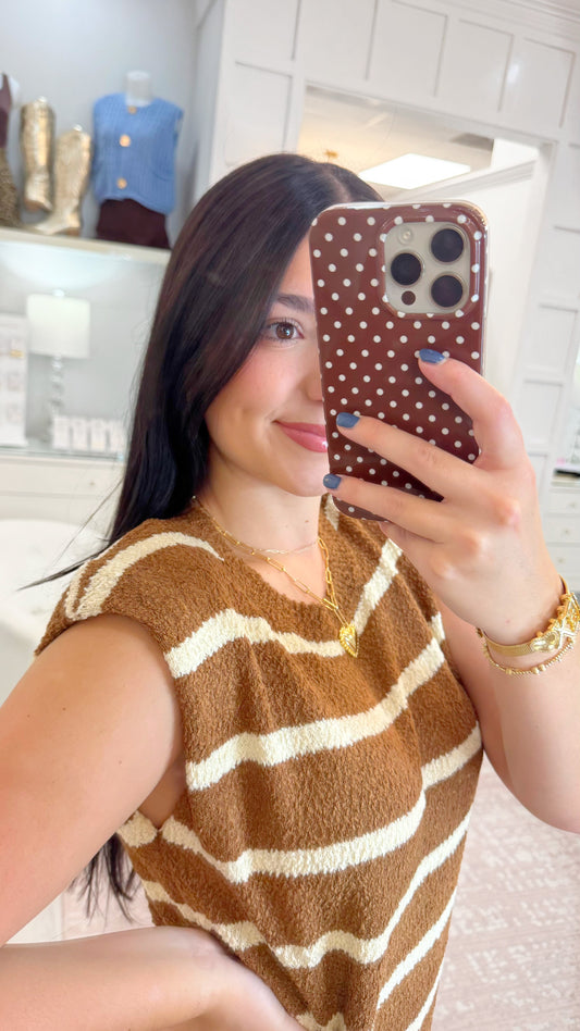 womens sleeveless dress, womens knit dress, strut and bolt dress, striped knit dress, midi dress, neutral fall dress, womens fall dress