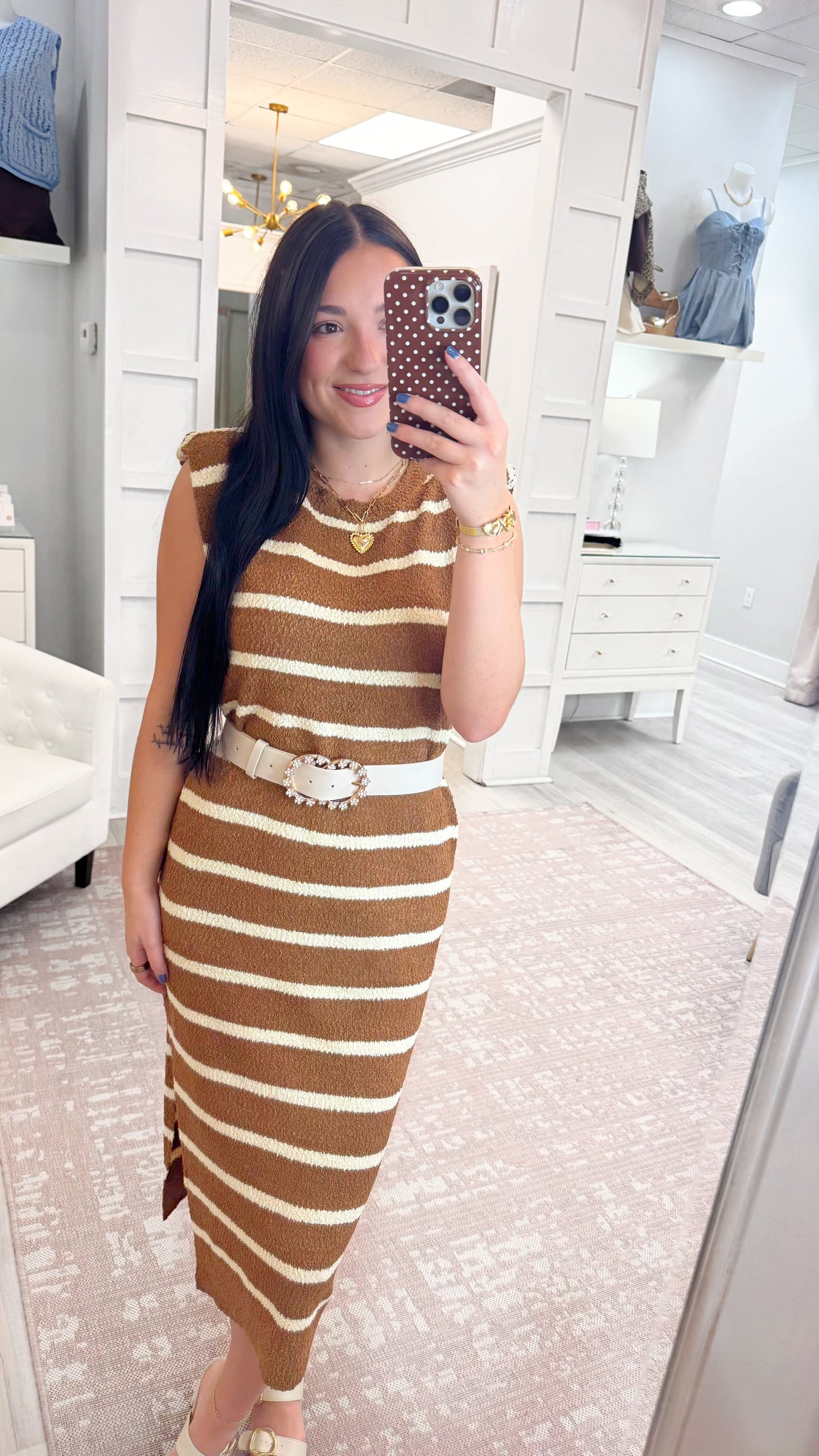 womens sleeveless dress, womens knit dress, strut and bolt dress, striped knit dress, midi dress, neutral fall dress, womens fall dress