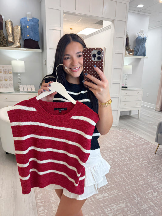 Sleeveless sweater, striped sleeveless sweater, comfy sleeveless sweater, woman's sweater, Virgo Boutique's sleeveless sweater, black sweater, burgundy sweater, fall sweater